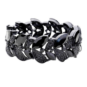 Jet Black Rhinestone Pave Marquise Stone Leaf Stretch Evening Bracelet. Get ready with this bracelets, Beautifully crafted design adds a gorgeous glow to any outfit. Jewelry that fits your lifestyle! Perfect Birthday Gift, Anniversary Gift, Mother's Day Gift, Anniversary Gift, Graduation Gift, Prom Jewelry, Just Because Gift, Thank you Gift.