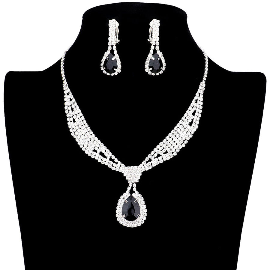 Jet Black Rhinestone Pave Teardrop Collar Necklace & Clip Earring Set, stunning jewelry set will sparkle all night long making you shine out like a diamond. perfect for a night out on the town or a black tie party, Perfect Gift, Birthday, Anniversary, Prom, Mother's Day Gift, Sweet 16, Wedding, Quinceanera, Bridesmaid.