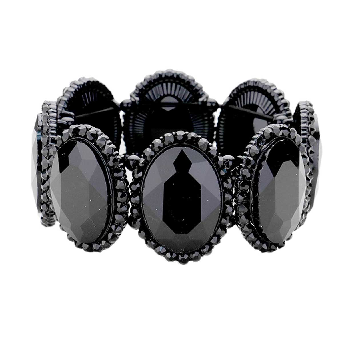 Jet Black Rhinestone Trim Oval Crystal Stretch Evening Bracelet, brings a gorgeous glow to your outfit to show off royalty on any special occasion. It's a perfect beauty that highlights your appearance and grasps everyone's eye on any special occasion. Is a glowing and sparkling beauty that is perfect to show off your glowing look and enrich your beauty to a greater extent. 