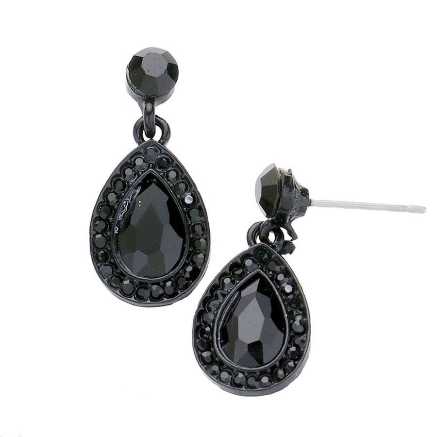 Jet Black Rhinestone Trim Teardrop Stone Dangle Evening Earrings, This teardrop dangle earrings put on a pop of color to complete your ensemble. Beautifully crafted design adds a gorgeous glow to any outfit. Luminous Teardrop Stone and sparkling rhinestones give these stunning earrings an elegant look. Perfect for adding just the right amount of shimmer & shine. Perfect for Birthday Gift, Anniversary Gift, Mother's Day Gift, Graduation Gift.