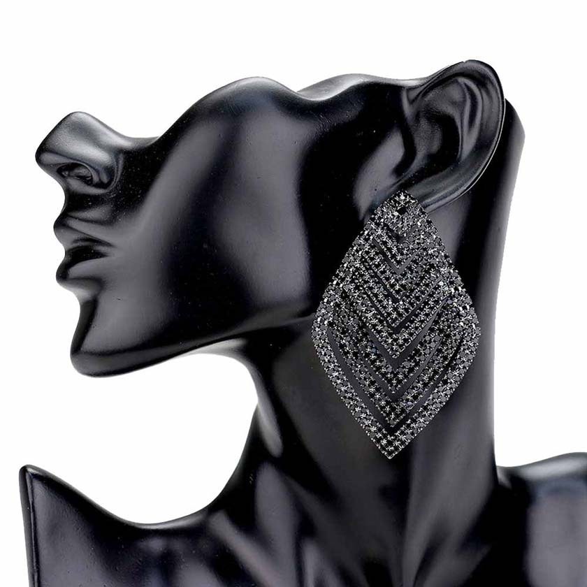 Jet Black Rhinestone V Shape Rhombus Evening Earrings, Elegance becomes your constant companion while wearing these shiny glamorous v-shaped Rhinestone earrings. The perfect sparkling jewelry to add the perfect amount of luxe to your next social or special occasion or event. Coordinate these evening earrings with any ensemble from business casual wear to make you stand out everywhere. Show off your absolute beauty with ultimate luxury.