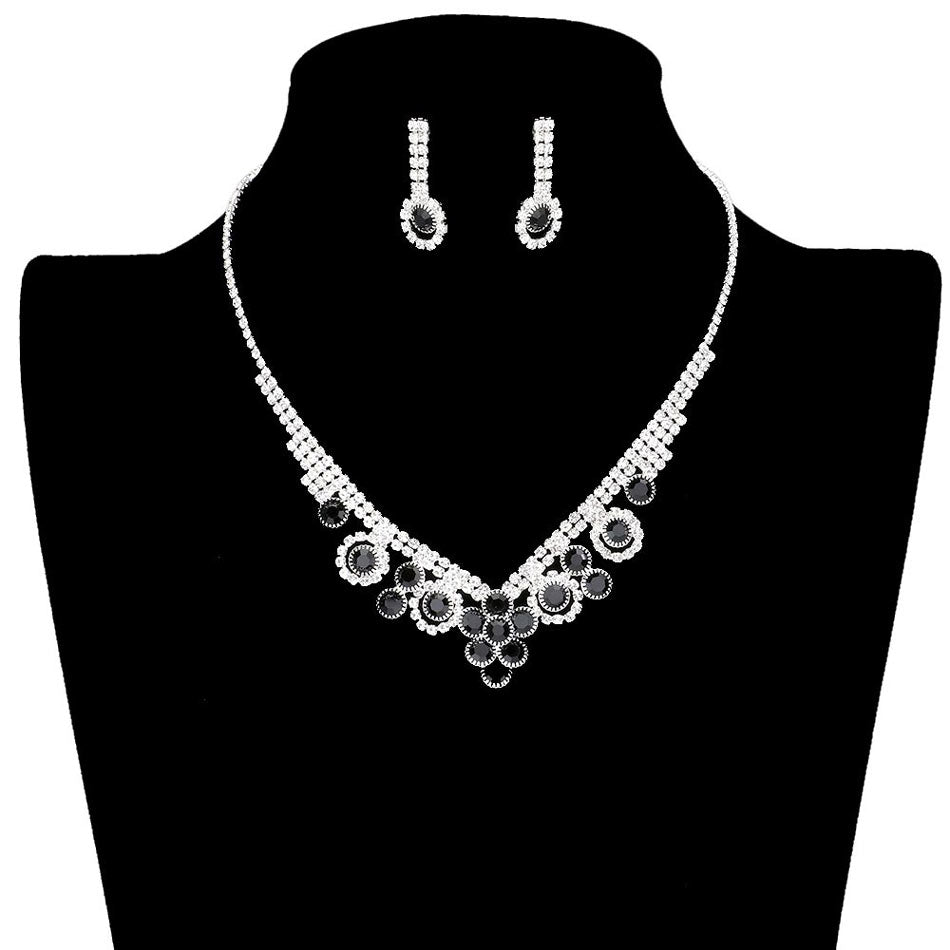Jet Black Round Stone Flower Accented Rhinestone Pave Necklace. Wear a pop of shine to complete your ensemble with perfect beauty with extra luxe. The perfect accessory for adding the right amount of shimmer and a touch of class to special events. These classy flower & leaf themed rhinestone pave necklaces are perfect for Party, Wedding, Evening. Awesome gift for birthday, Anniversary, Valentine’s Day, or any special occasion. Show your ultimate class!