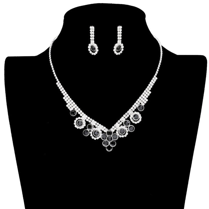 Jet Black Round Stone Flower Accented Rhinestone Pave Necklace, put on a pop of color to complete your ensemble. Perfect for adding just the right amount of shimmer & shine and a touch of class to special events. Wear with different outfits to add perfect luxe and class with incomparable beauty. Perfectly lightweight for all-day wear. coordinate with any ensemble from business casual to everyday wear. Perfect Birthday Gift, Anniversary Gift, Mother's Day Gift, Valentine's Day Gift.