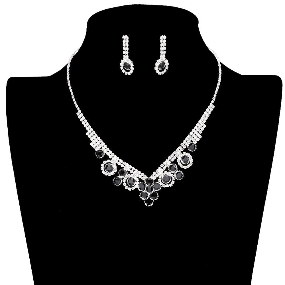 Jet Black Round Stone Flower Accented Rhinestone Pave Necklace, put on a pop of color to complete your ensemble. Perfect for adding just the right amount of shimmer & shine and a touch of class to special events. Wear with different outfits to add perfect luxe and class with incomparable beauty. Perfectly lightweight for all-day wear. coordinate with any ensemble from business casual to everyday wear. Perfect Birthday Gift, Anniversary Gift, Mother's Day Gift, Valentine's Day Gift.