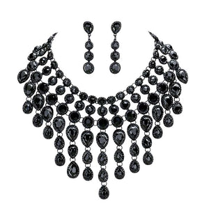 Jet Black Round Teardrop Stone Cluster Evening Bib Necklace, This gorgeous jewelry set will show your class on any special occasion. The elegance of these stones goes unmatched, great for wearing at a party! stunning jewelry set will sparkle all night long making you shine like a diamond on special occasions. Perfect jewelry to enhance your look and for wearing at parties, weddings, date nights, or any special event.