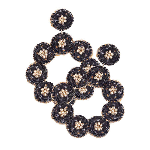 Pendientes colgantes con racimo de flores de lentejuelas - Negro azabache