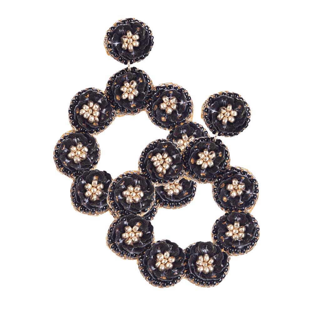 Jet Black Sequin Flower Cluster Dangle Earrings, are beautifully crafted earrings that dangle on your earlobes with a perfect glow to make you stand out and show your unique and beautiful look everywhere, every time. Put on a pop of color to complete your ensemble in a gorgeous way. Perfect for adding just the right amount of shimmer & shine and a touch of perfect class to any occasion.