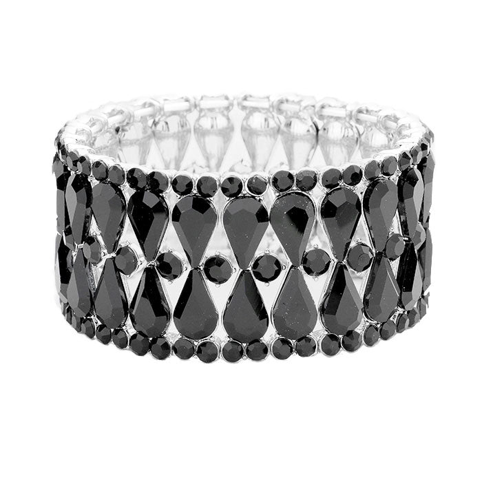 Jet Black Silver Teardrop Glass Stone Cluster Evening Stretch Bracelet; Look as regal on the outside as you feel on the inside, feel absolutely flawless. Fabulous fashion and sleek style adds a pop of pretty color to your attire, coordinate with any ensemble from business casual to everyday wear