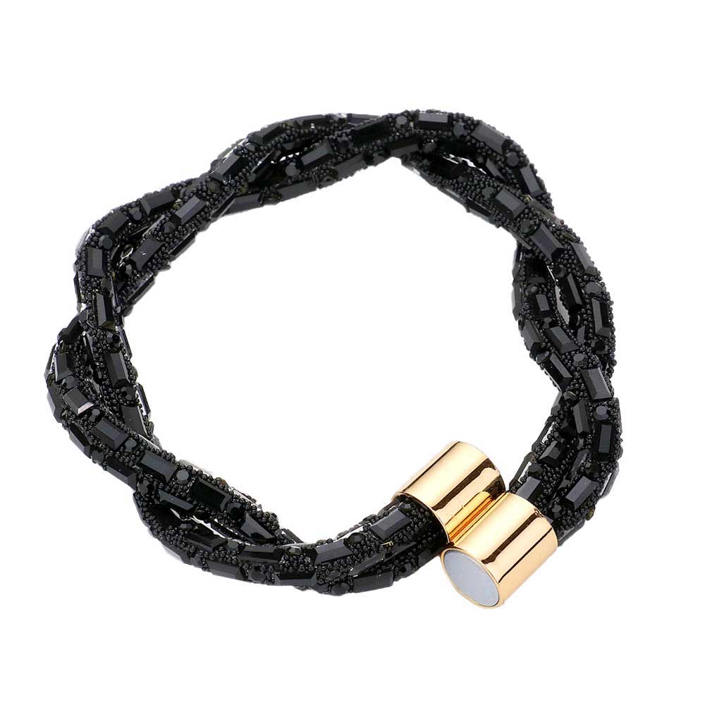 Jet Black Stone Embellished Twisted Magnetic Bracelet, Glam up your look with this Magnetic bracelet. Make your vibe extra sparkly with this eye-catching arm candy. The magnet clasp keeps the bracelet secure on your wrist and makes it easy to wear and take off. This wide Twisted- style bracelet works well as a statement jewelry piece. Awesome gift for birthday, Anniversary, Valentine’s Day or any special occasion.