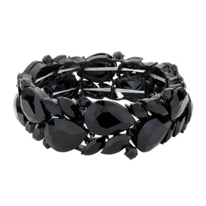 Jet Black Teardrop Cluster Marquise Stone Stretch Evening Bracelet, These gorgeous marquise stone pieces will show your class on any special occasion. These bracelets are perfect for any event whether formal or casual or for going to a party or special occasion. The perfect gift for a birthday, Valentine’s Day, Party, Prom, etc.