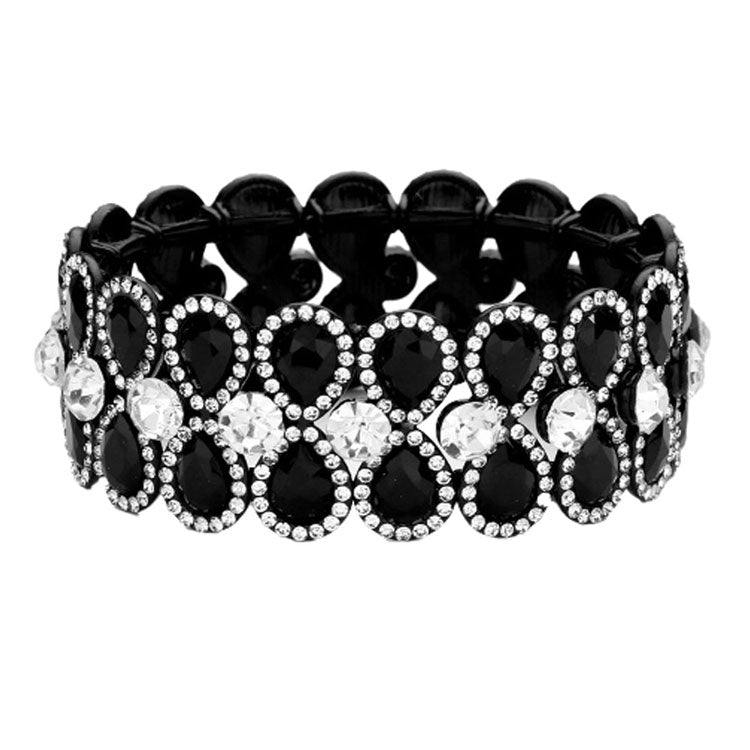 Jet Black Teardrop Glass Crystal Pave Stretch Evening Bracelet; Look as regal on the outside as you feel on the inside, feel absolutely flawless. Fabulous fashion and sleek style adds a pop of pretty color to your attire, coordinate with any ensemble from business casual to everyday wear