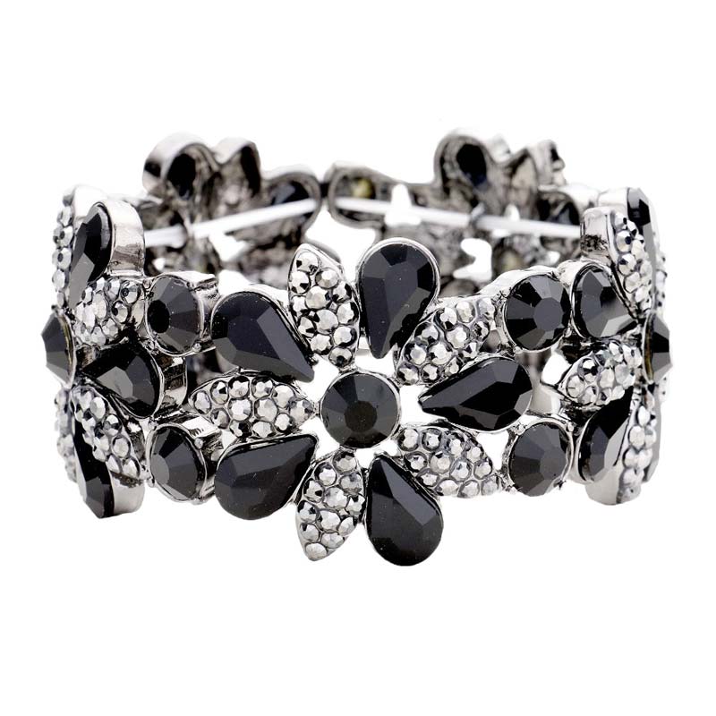 Jet Black Teardrop Stone Accented Flower Stretch Evening Bracelet, is the perfect reflection of absolute royalty and perfect class that will amp up your look and drags everyone's attention on special occasions. Show your confidence and trendy choice with this beauty and complete your ensemble with a luxurious look. Perfect for adding just the right amount of shimmer & shine and a touch of class to special events.
