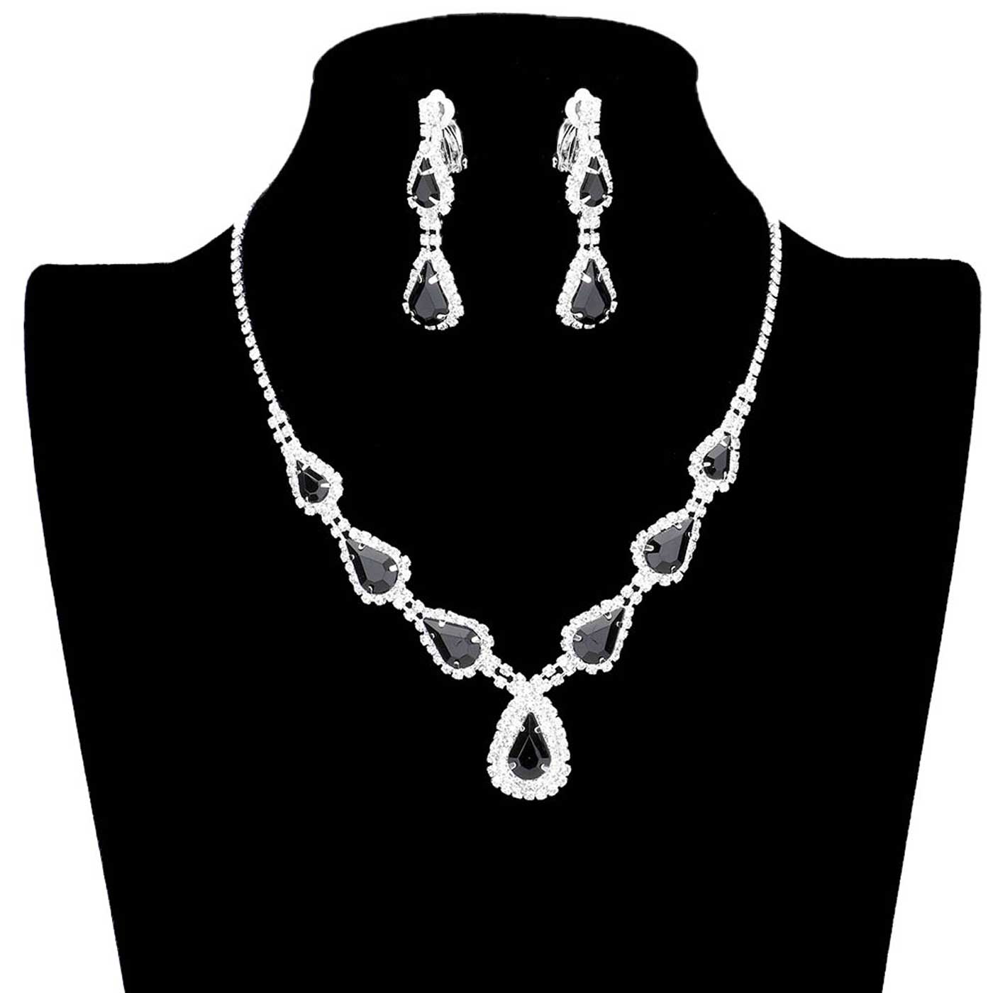Jet Black Teardrop Stone Accented Rhinestone Pave Necklace, brings a gorgeous glow to your outfit to show off the royalty on any special occasion. These gorgeous Rhinestone pieces will show your class in any special occasion. The elegance of these Rhinestone goes unmatched, great for wearing at a party! Perfect jewelry to enhance your look. Awesome gift for birthday, Anniversary or any special occasion.