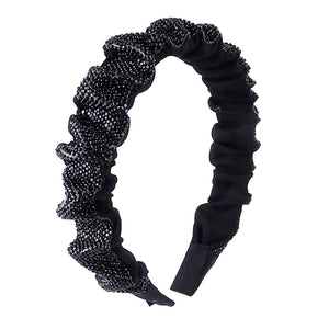 Jet Black Trendy Fashionbale Bling Pleated Headband. Create a natural look while perfectly matching your color with the easy to use Pleated Headband. Adds a super neat and trendy twist to any boring style. Perfect for everyday wear; special occasions, outdoor festivals and more. Available in a variety of colors!