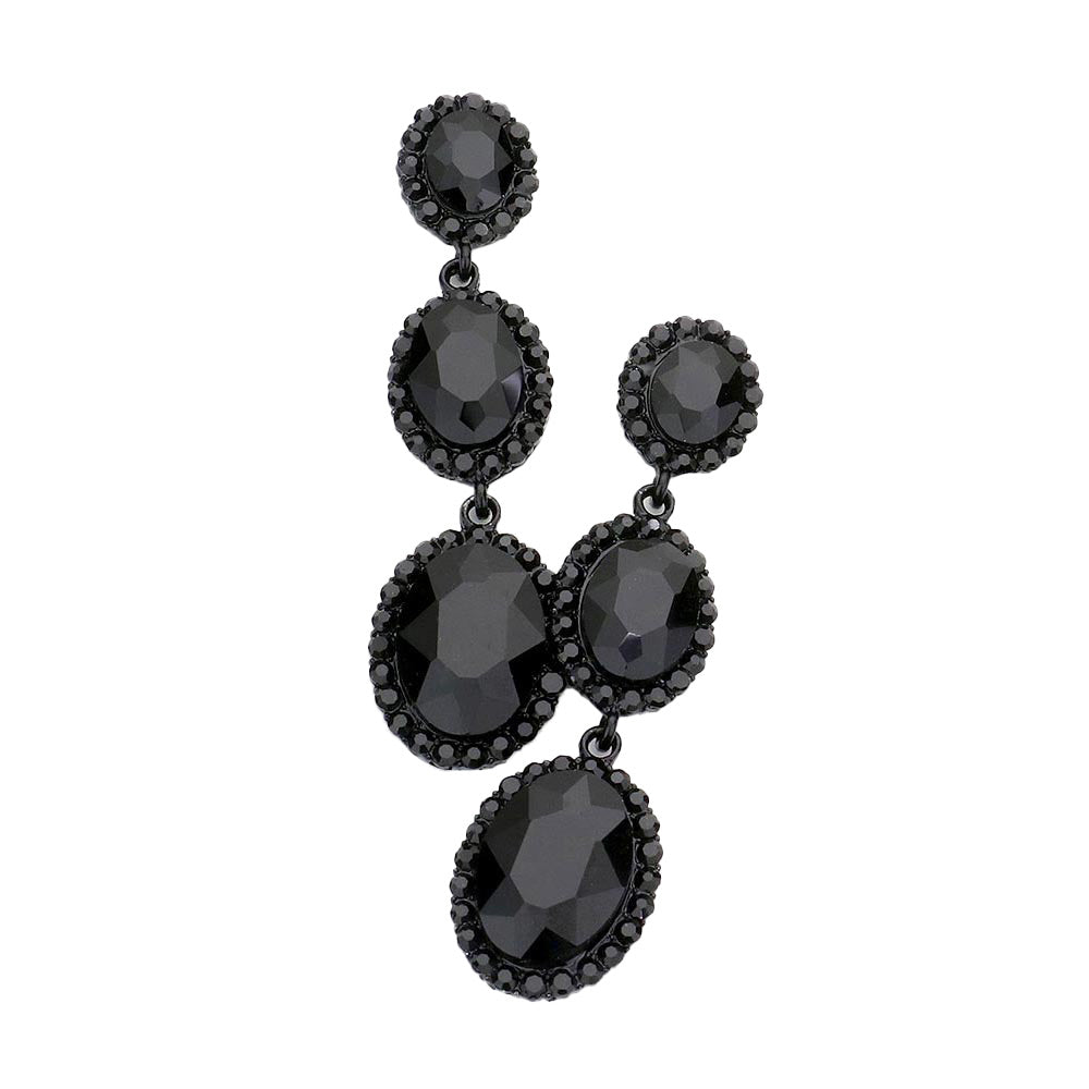 Jet Black Triple Oval Glass Stone Drop Down Dangle Evening Earrings, look like the ultimate fashionista while wearing on a special occasion. It dangles on your earlobes to glow brightly and grasp everyone's eye of the crowd. Perfect match for any special occasion outfit that will amp up and multiplies your beauty. Wear this beauty to add a gorgeous glow to your special outfit at weddings, wedding showers, receptions, anniversaries, and other special occasions.