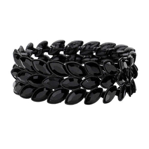 Jet Black 3Rows Marquise Stone Cluster Stretch Evening Bracelet, This Marquise Stretch Bracelet sparkles all around with it's surrounding round stones, stylish stretch bracelet that is easy to put on, take off and comfortable to wear. It looks modern and is just the right touch to set off LBD. Perfect jewelry to enhance your look. Awesome gift for birthday, Anniversary, Valentine’s Day or any special occasion.