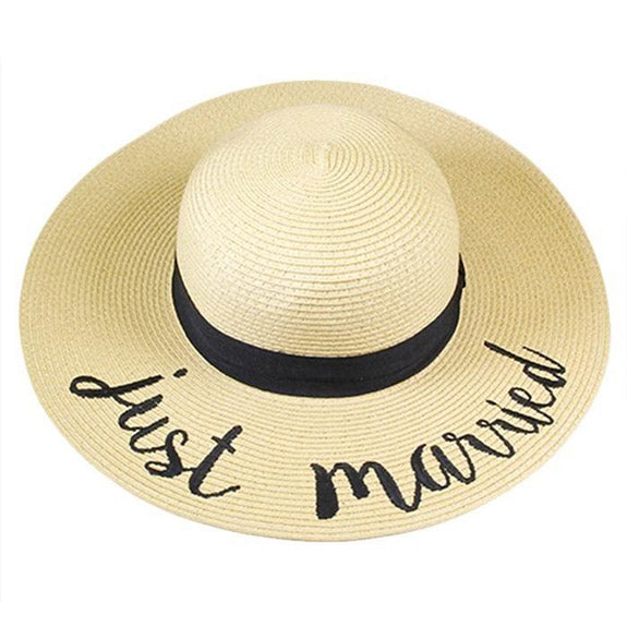 Beige Just Married Embroidery Straw Floppy Sun Hat, if basking under the sun at the beach,  pool or honeymoon, this hat will protect you from the sun, keep you protected, cool & comfortable even when the sun is high in the sky. Newly Wed Gift, Bride Wedding Gift, Summer Hat, Bride Beach Hat, Bride Straw Hat, Bachelorette Party, BFF Gift