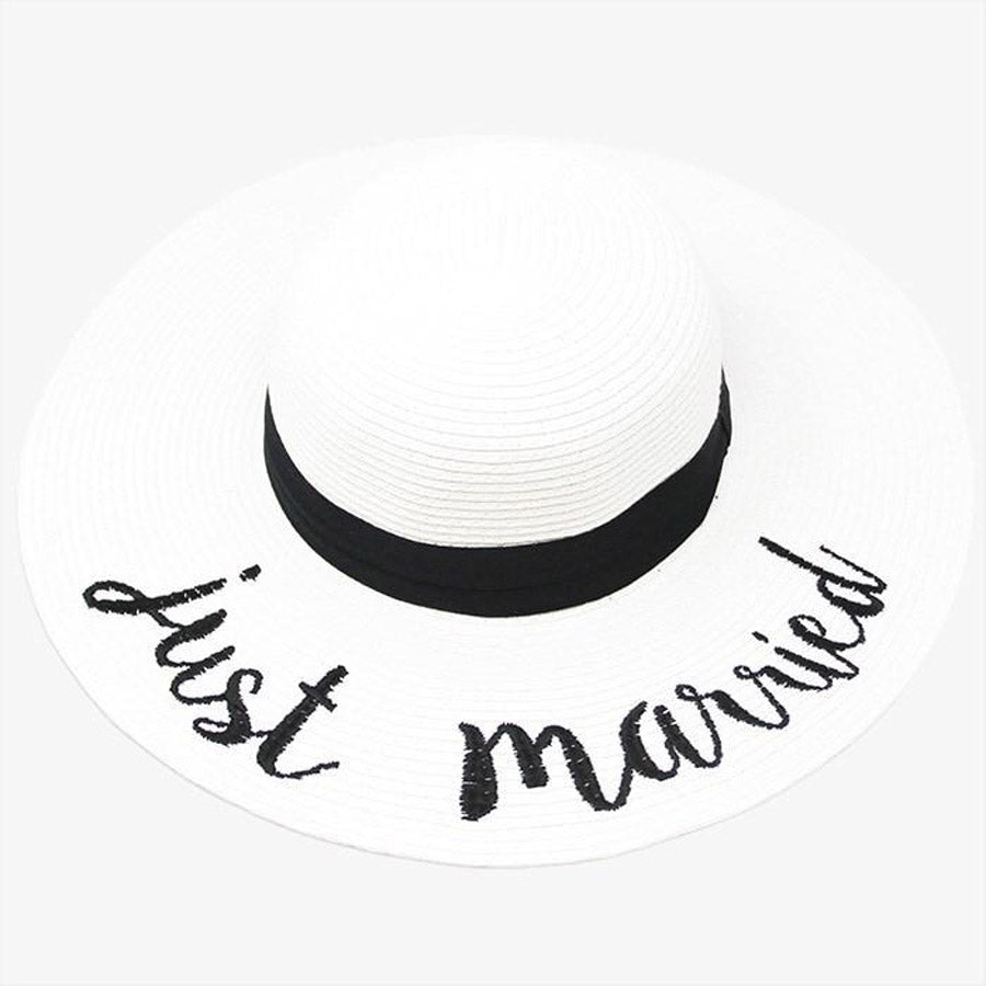 White Just Married Embroidery Straw Floppy Sun Hat, if basking under the sun at the beach,  pool or honeymoon, this hat will protect you from the sun, keep you protected, cool & comfortable even when the sun is high in the sky. Newly Wed Gift, Bride Wedding Gift, Summer Hat, Bride Beach Hat, Bride Straw Hat, Bachelorette Party, BFF Gift
