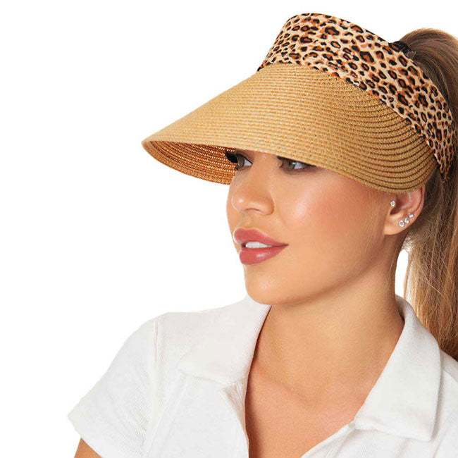 Khaki Leopard Pattern Accented Straw Visor Hat, whether you’re basking under the summer sun at the beach, lounging by the pool, or kicking back with friends at the lake, a great hat can keep you cool and comfortable even when the sun is high in the sky.  Large, comfortable, and perfect for keeping the sun off of your face, neck, and shoulders, ideal for travellers who are on vacation or just spending some time in the great outdoors.