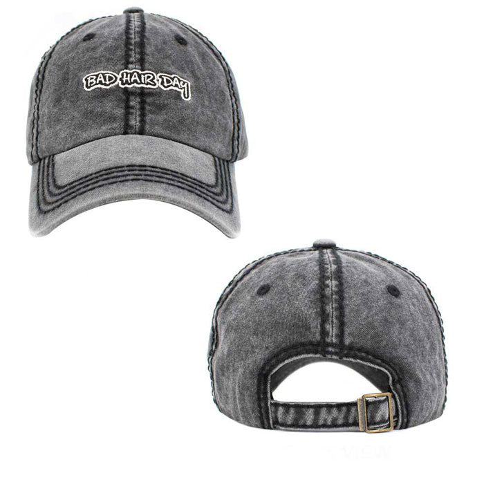 Khaki BAD HAIR DAY Vintage Baseball Cap. Fun cool message themed vintage baseball cap. Perfect for walks in sun, great for a bad hair day. The distressed frayed style with faded color gives it an awesome vintage look. Soft textured, embroidered message with fun statement will become your favorite cap.