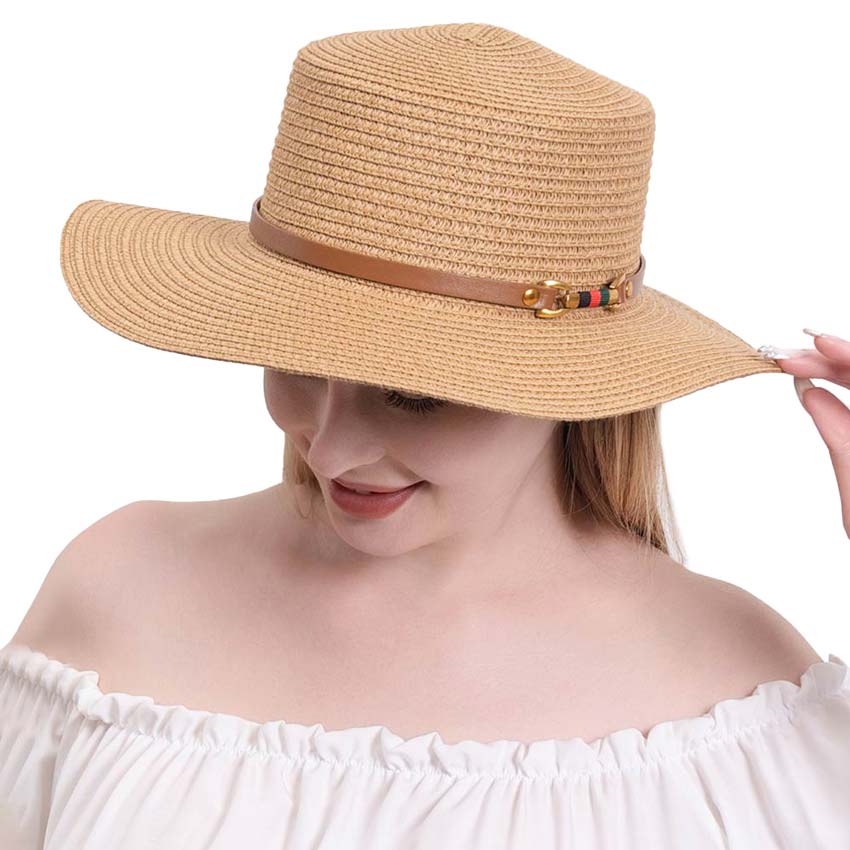 Khaki Color Block Pointed Faux Leather Band Straw Sun Hat, this straw sun hat is lightweight, breathable, and skin-friendly for all-day wear and has an interior band for comfort. Perfect for lounging at the beach, clubbing, race day events, or simply casual everyday wear. A great gift for your fashionable on-trend friends.