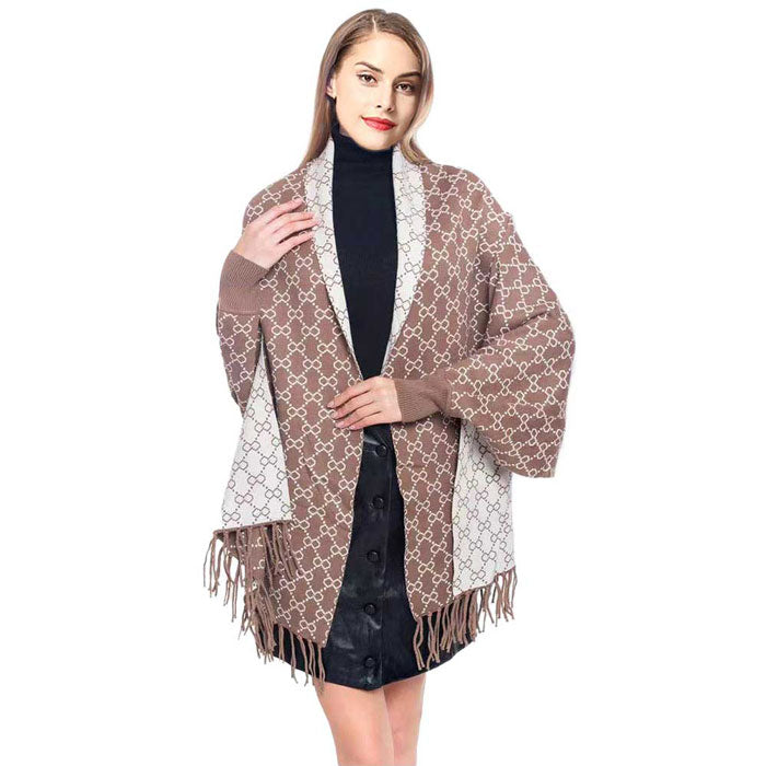 Khaki Fashionable Luxury Patterned Poncho, the perfect accessory, luxurious, trendy, super soft chic capelet, keeps you warm and toasty. You can throw it on over so many pieces elevating any casual outfit! Its laid-back vibe and classic elegance are sure to draw attention without making too strong a statement. Perfect Gift for Wife, Mom, Birthday, Holiday, Christmas, Anniversary, Fun Night Out.