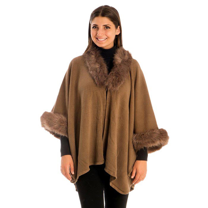 Khaki Faux Fur Trim Shawl Poncho, is the perfect accessory and trendy soft chic shawl that amps up your beauty and keeps you warm and toasty on winter and cold days. You can throw it on over so many pieces elevating any casual outfit! Easy to put on and off. Before running out of the door, you'll want to wear this poncho to save yourself from the cold and chill in the winter. This poncho would make an ideal present for the loved one or a perfect treat for yourself!