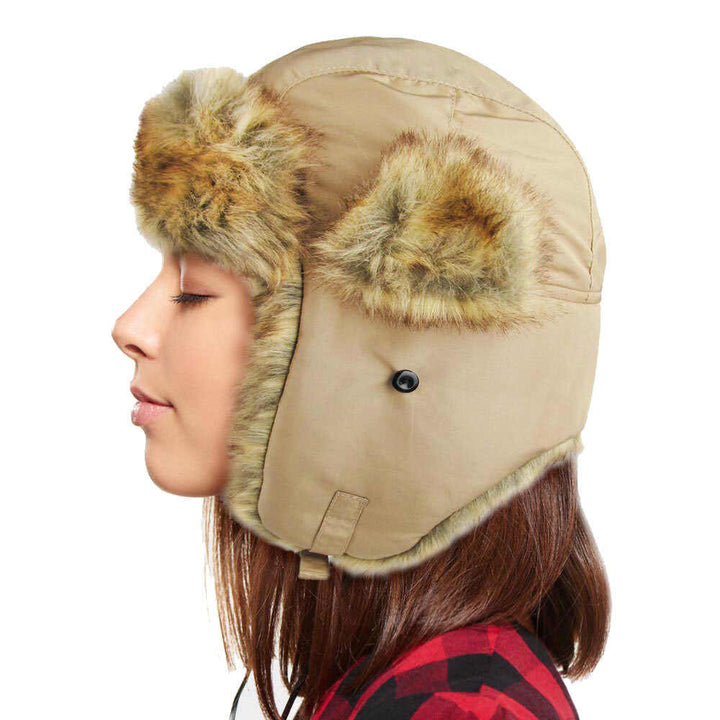 Khaki Faux Fur Trimmed Solid Trapper Hat Soft Faux Fur Hat Warm Fleece Lined Hat very comfortable winter hat is so soft, it’s plush Ear Flaps will keep you oh so warm, the faux fur lining keeps you toasty in the coldest weather. A cold winter must have! Perfect Gift Birthday, Christmas, Holiday, Anniversary, etc.