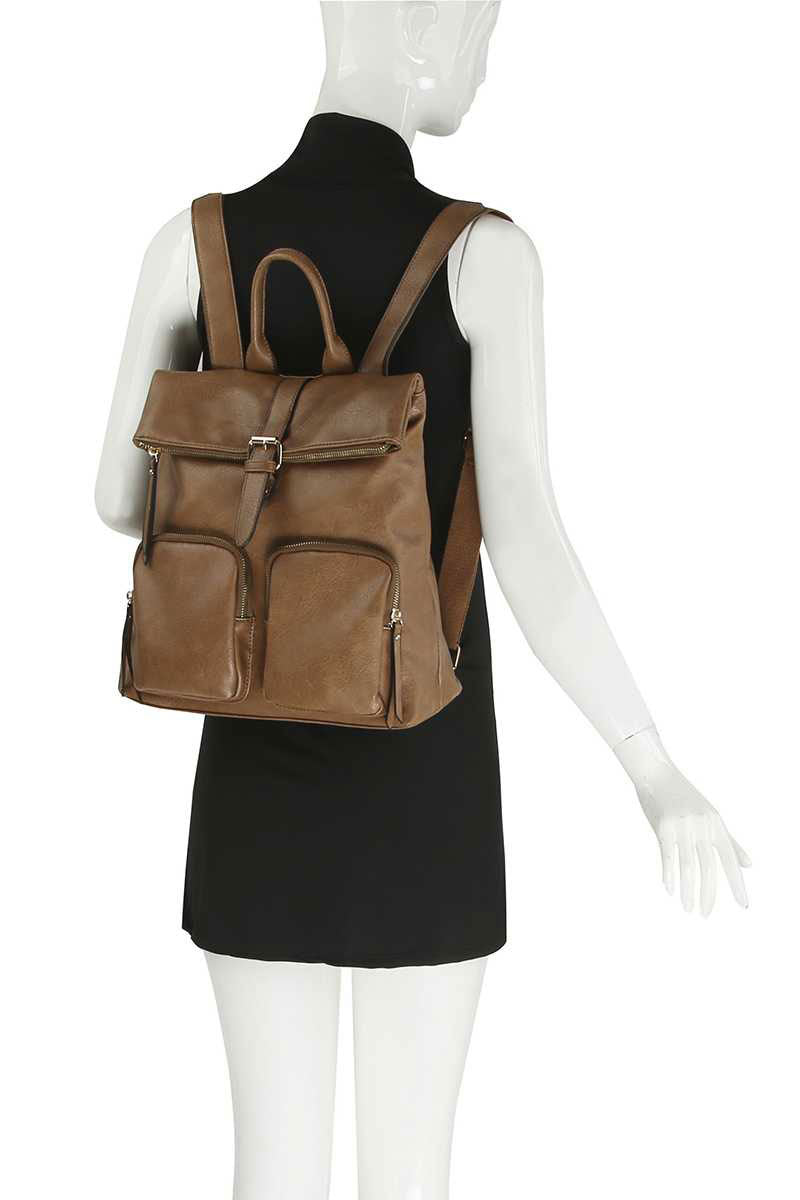 Khaki Fold Over Belt Vegan Leather Backpack, show your trendy mind and perfect choice with this awesome fold over Backpack featuring a double front pocket. You'll look like the ultimate fashionista while carrying this stylish backpack! Carry your handy items with double useful pockets on the front side. Have fun and look stylish anywhere and anytime. Zipper closure adds security and beauty. It makes your hands free to enjoy your journey fearlessly and without compromise.