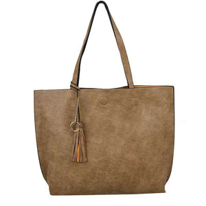 Khaki Large Tote Reversible Shoulder Vegan Leather Tassel Handbag, High quality Vegan Leather is a luxurious and durable, Stay organized in style with this square-shaped shopper tote purse that is fully reversible for two contrasting interior and exterior solid colors. This vegan leather handbag includes an on-trend removable tassel embellishment. Guaranteed, This will be your go-to handbag. 