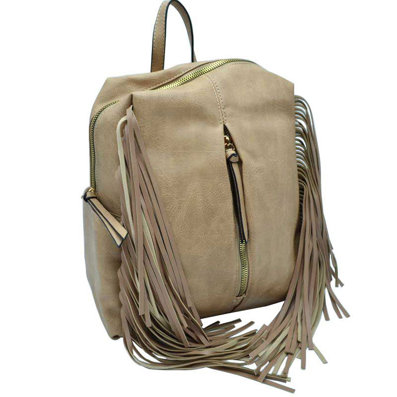 Khaki Multi Pocket Vegan Leather Women Fringe Backpack, This is a very high quality Vegan Leather High-Fashion Backpack. Great as a Women's Accessory Item for Travel in Airports and other places where would be convenient to be Hands-Free. Very durable and nice large size. Should be able to carry all that a student would need. Durable to carry a heavy load. Perfect for working, shopping, daily life, traveling, school and business. A great gift to your friends and family.