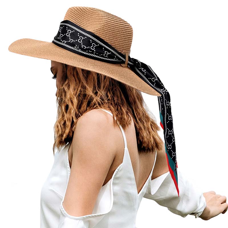 Beige Patterned Scarf Band Straw Sun Hat, a beautiful & comfortable sun hat is suitable for summer wear to amp up your beauty & make you more comfortable everywhere. Excellent sun hat for gardening, traveling, boating, on a beach vacation, or any other outdoor activities. A beautifully patterned scarf band straw hat that can keep you cool and comfortable even when the sun is high in the sky.