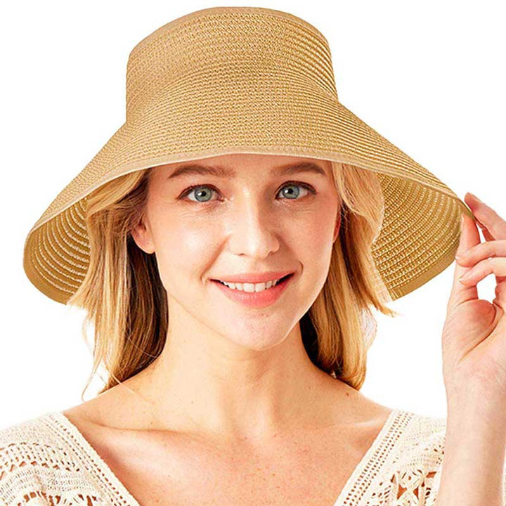 Khaki Roll Up Foldable Large Brim Sun Visor Hat. Keep your styles on even when you are relaxing at the pool or playing at the beach. Large, comfortable, and perfect for keeping the sun off of your face, neck, and shoulders Perfect summer, beach accessory. Ideal for travelers who are on vacation or just spending some time in the great outdoors.