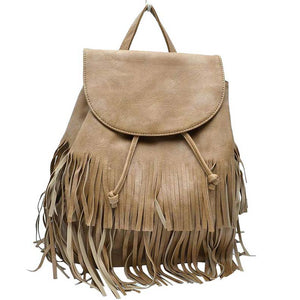 Khaki Stylish Vegan Leather Fringe Backpack, is a high-quality vegan leather fringe backpack that enriches your fashion and represent your trendy choice. Wherever you go for travelling, tour, day out, picnic etc, it's the best accessory for carrying all necessary stuff in one place conveniently to be hands-free. It's highly durable, large size and nicely designed with fringe that drags out the real beauty. One will be able to carry through the whole day that a student needs the most.