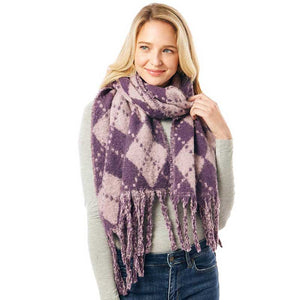 Lavender Argyle Print Oblong Scarf With Fringe, this stylish scarves featuring Argyle Print with fringe combines great fall style with comfort and warmth. Whether you need a little something around your shoulders on a chilly weather or a fashionable Oblong scarves to compliment any outfit are what you need. The super soft acrylic gives them a luxurious feel. Awesome winter accessory gift idea.