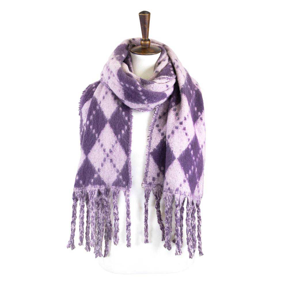 Lavender Argyle Print Oblong Scarf With Fringe, this stylish scarves featuring Argyle Print with fringe combines great fall style with comfort and warmth. Whether you need a little something around your shoulders on a chilly weather or a fashionable Oblong scarves to compliment any outfit are what you need. The super soft acrylic gives them a luxurious feel. Awesome winter accessory gift idea.