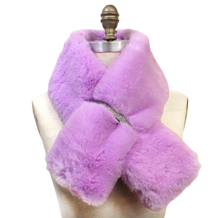 Lavender Fall Winter Trendy Faux Fur Bling Pull Through Scarf, delicate, warm, on trend & fabulous, a luxe addition to any cold-weather ensemble. Great for daily wear in the cold winter to protect you against chill, classic infinity-style scarf & amps up the glamour with plush material that feels amazing snuggled up against your cheeks.