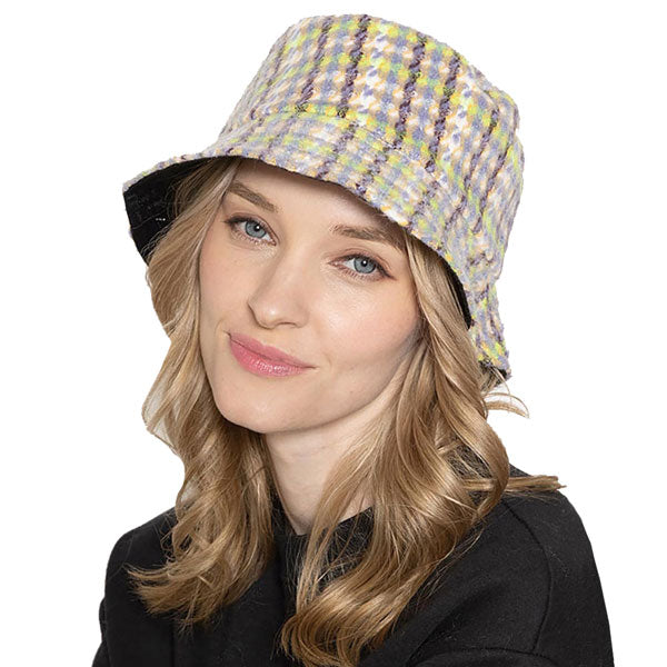 Green Polyester Plaid Check Patterned Bucket Hat, this bucket hat doubles as a rain hat and is snug on the head and stays on well. It will work well to keep the rain off the head and out of the eyes and also the back of the neck. Wear it to lend a modern liveliness above a raincoat on trans-seasonal days in the city.