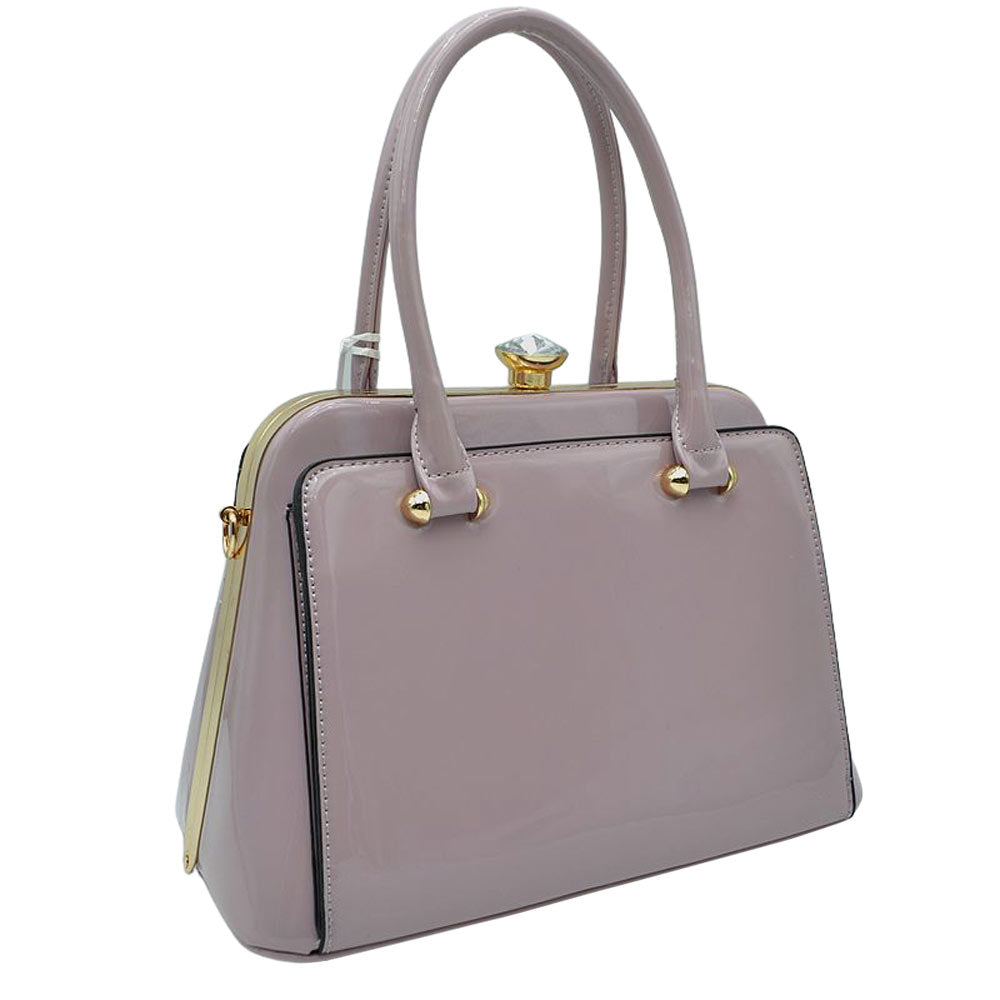 Lavender Shiny Patent Leather Gold Hardware Shoulder Bags for Women, These trendy Shoulder Bags feature a vegan patent leather material with Gold metal hardware. Its unique shape and stunning jeweled clasp will bring in compliments. It comes with a removable long shoulder strap for casual shoulder or cross-body wear. This fun, yet sophisticated handbag will definitely draw attention.