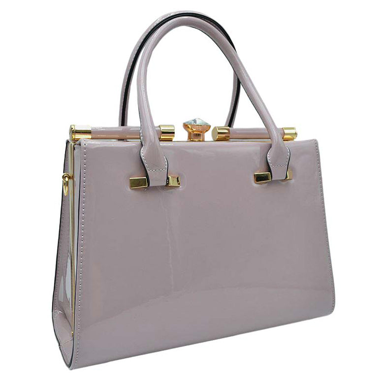 Lavender Shiny Patent Leather Golden Hardware Shoulder Tote Bag, Design in a stylish silhouette. Crafted from shiny patent leather with golden hardware.Smooth push-lock closure. Flat bottom with protective studs. Wear it to add a chic punctuation to any look.
