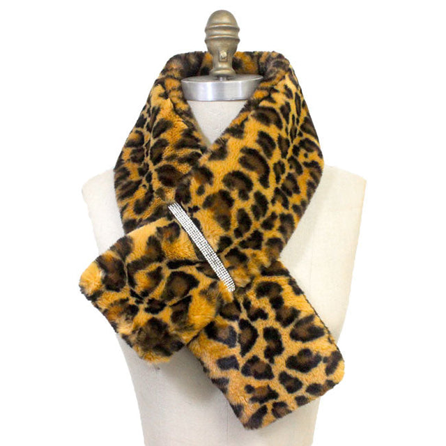 Leopard Faux Fur Bling Pull Through Scarf, delicate, warm, on trend & fabulous, a luxe addition to any cold-weather ensemble. Great for daily wear in the cold winter to protect you against chill, classic infinity-style scarf & amps up the glamour with plush material that feels amazing snuggled up against your cheeks.