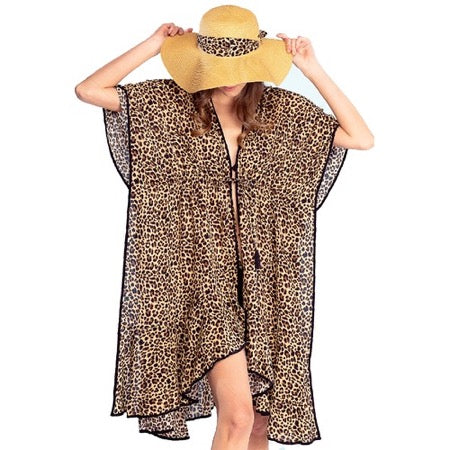 Leopard Print C.C Leopard Flounce Beach Cover Up; Beach, Poolside chic made easy with this lightweight short sleeve Cover Up featuring relaxed silhouette, great over swimsuits & favorite blouse & slacks, Perfect Birthday Gift, Anniversary Gift, Beach Vacation, Lake House, Cottage, Celebration, Beach Cover, Short Sleeve Beachwear