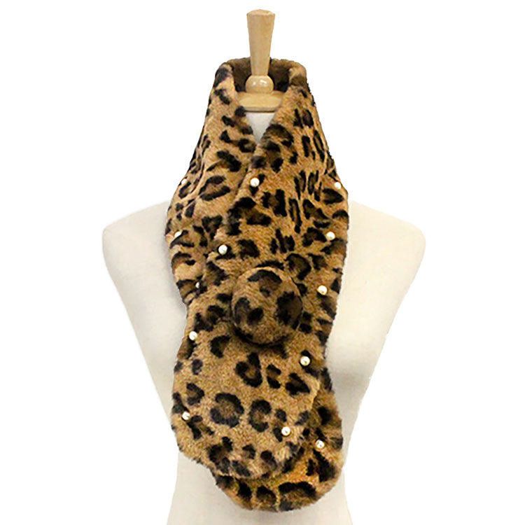 Leopard Pearl Embellished Faux Fur Pom Pom Pull Through Scarf, accent your look with this soft, highly versatile plaid scarf. A rugged staple brings a classic look, adds a pop of color & completes your outfit, keeping you cozy & toasty. Perfect Gift Birthday, Holiday, Christmas, Anniversary, Valentine's Day