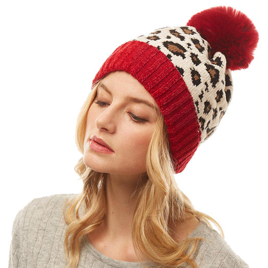Burgundy Leopard Print Pom Pom Beanie Hat Burgundy Leopard Faux Fur Pom Pom Hat Beanie Cold Weather Hat, grab this toasty hat to keep you incredibly warm when running out the door. Accessorize with this cat ear hat, it's the autumnal touch finish your outfit. Best Gift Birthday, Christmas, Anniversary, Valentine's Day, Loved One, BFF, etc