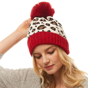 Burgundy Leopard Print Pom Pom Beanie Hat Burgundy Leopard Faux Fur Pom Pom Hat Beanie Cold Weather Hat, grab this toasty hat to keep you incredibly warm when running out the door. Accessorize with this cat ear hat, it's the autumnal touch finish your outfit. Best Gift Birthday, Christmas, Anniversary, Valentine's Day, Loved One, BFF, etc