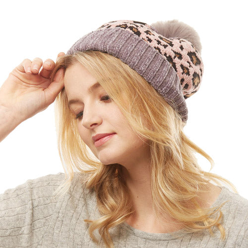 Gray Leopard Print Pom Pom Beanie Hat Gray Leopard Faux Fur Pom Pom Hat Beanie Cold Weather Hat, grab this toasty hat to keep you incredibly warm when running out the door. Accessorize with this cat ear hat, it's the autumnal touch finish your outfit. Best Gift Birthday, Christmas, Anniversary, Valentine's Day, Loved One, BFF, etc