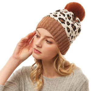 Brown Leopard Print Pom Pom Beanie Hat Brown Leopard Faux Fur Pom Pom Hat Beanie Cold Weather Hat, grab this toasty hat to keep you incredibly warm when running out the door. Accessorize with this cat ear hat, it's the autumnal touch finish your outfit. Best Gift Birthday, Christmas, Anniversary, Valentine's Day, Loved One, BFF, etc