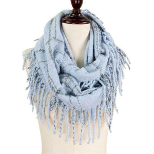 Light 2-Tone Plaid Infinity W/Fringe, on trend & fabulous, a luxe addition to any cold-weather ensemble. Great for daily wear in the cold winter to protect you against chill, classic infinity-style scarf & amps up the glamour with plush material that feels amazing snuggled up against your cheeks.