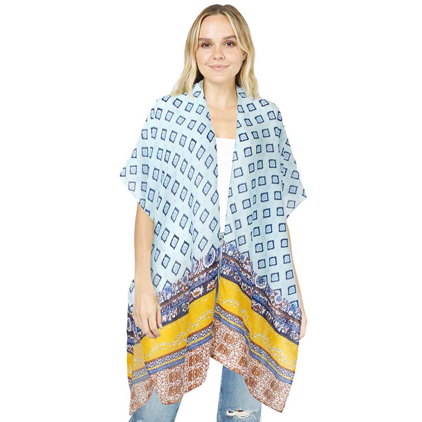 Light Blue Attractive Abstract Patterned Cover Up Kimono Poncho, this timeless abstract patterned kimono Poncho is soft, lightweight, and breathable fabric, close to the skin, and comfortable to wear. Suitable for dates, casual, and other occasions in spring, summer, autumn, or early winter. Perfect gift for any occasion. 