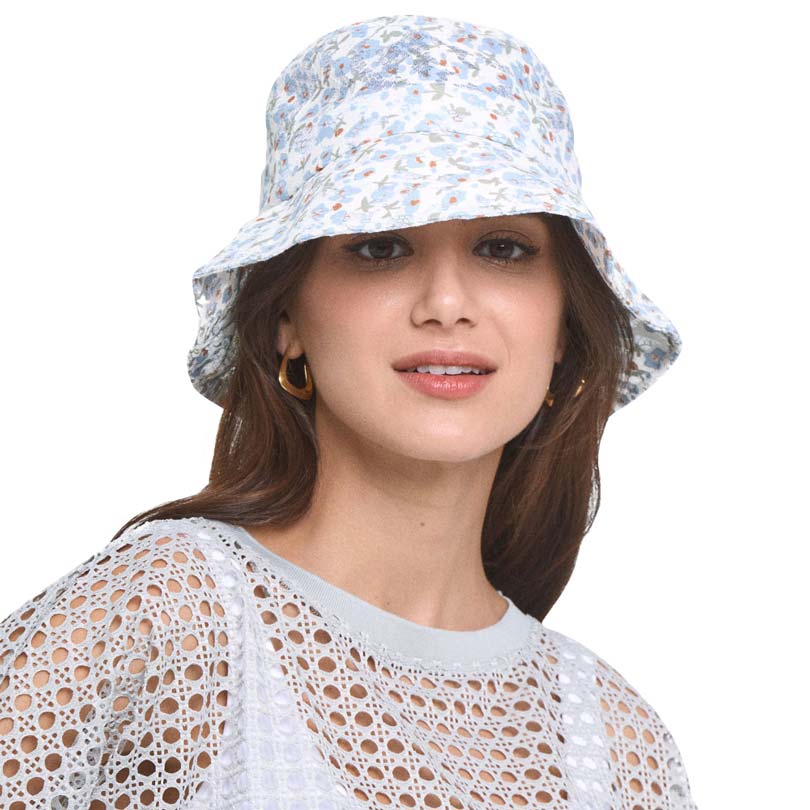 Light Blue Flower Patterned Bucket Hat, Before running out the door under the sun, you’ll want to reach for this flower-patterned bucket hat for comfort & beauty. Perfect for that bad hair day, or simply casual everyday wear. It's the perfect outfit in style while on a beach, on a tour, outing, or party.
